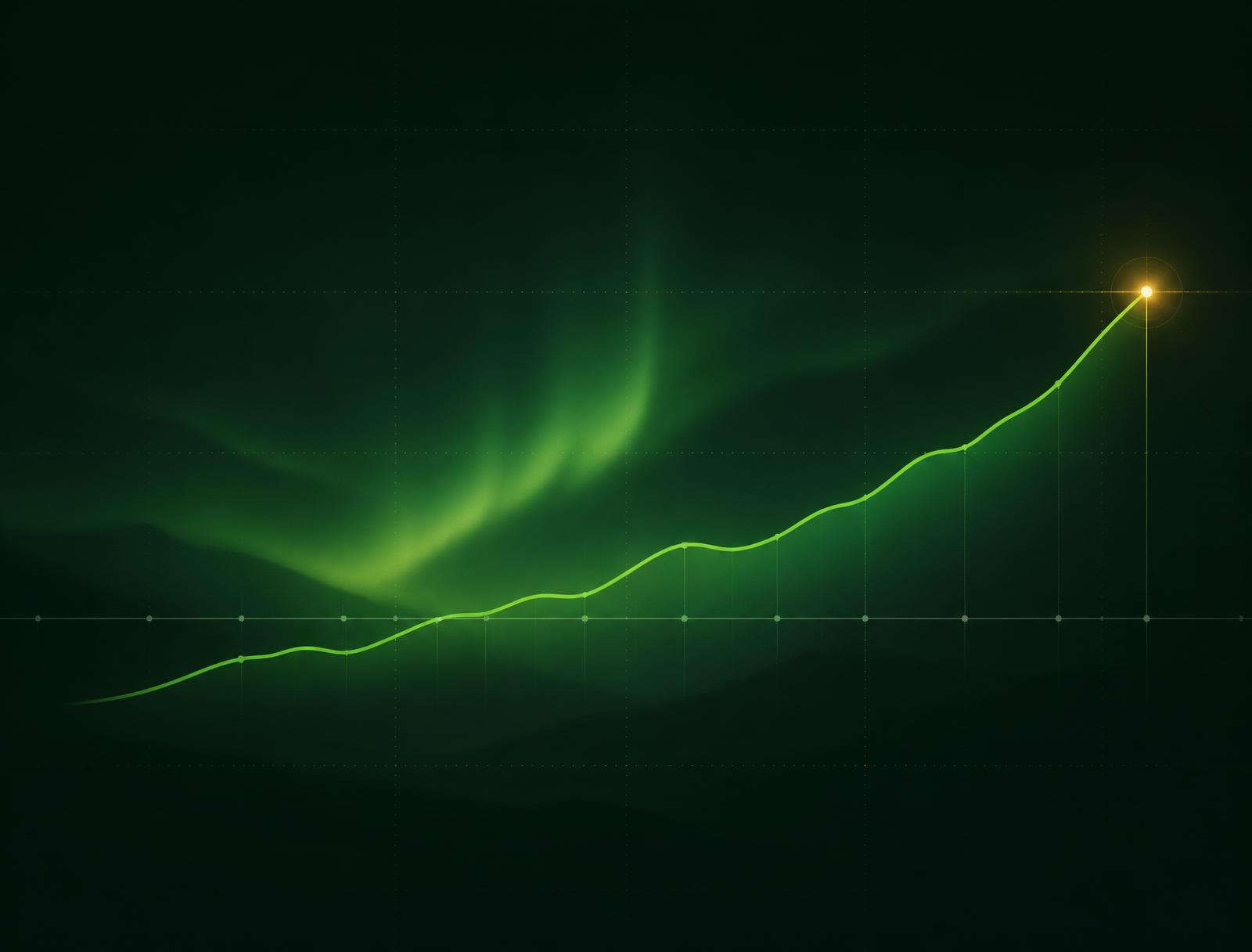 A precise horizontal data axis crossed by a single vivid leaf-green trajectory line with a gold apex node — EmissionAxis brand mark.